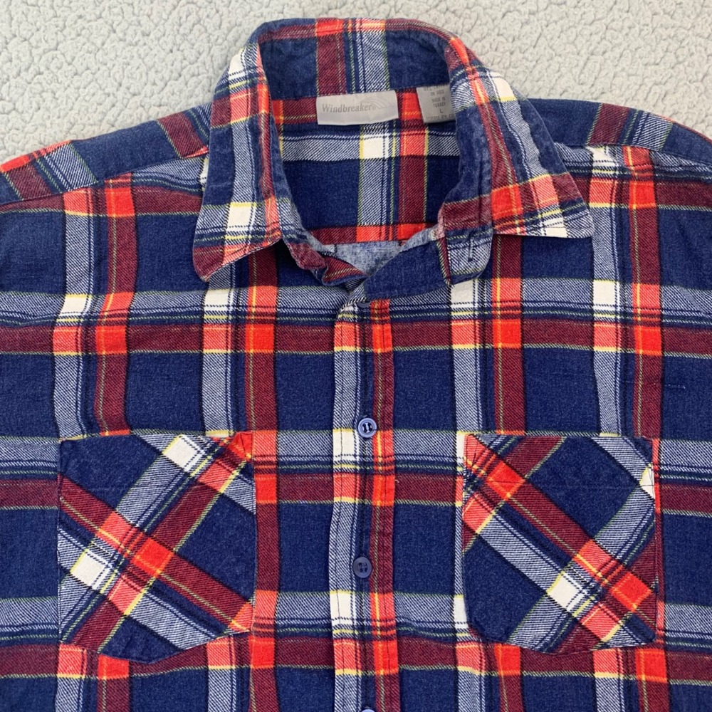 Vintage Windbreaker‎ Flannel Shirt Mens L Blue Plaid Cotton Made in Turkey